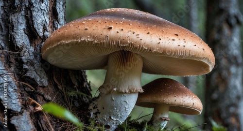 Close-up image showcasing a large, textured mushroom growing on a tree trunk. The mushroom serves as the main subject, taking up a considerable portion of the scene.