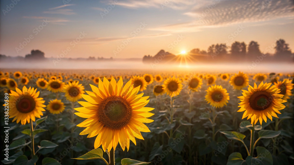 Obraz premium Sunflower,summer vibrant sunflower field at sunrise, illuminated by first rays of light, creates serene and uplifting atmosphere