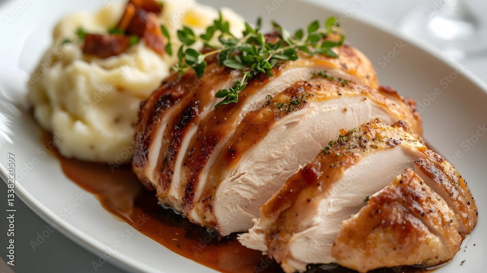 Roasted Chicken Breast Slices with Mashed Potatoes and Gravy Roasted Chicken Breast Slices with Mashed Potatoes and Gravy