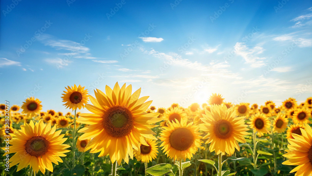 Fototapeta premium Sunflower,summer vibrant sunflower field under bright summer sky, radiating joy and warmth