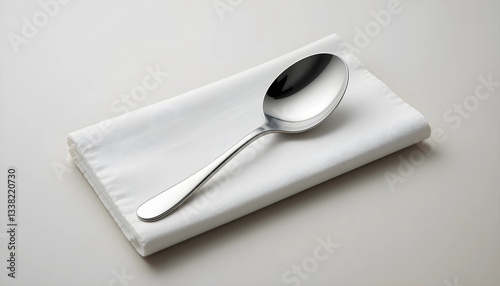 A single stainless steel spoon on a neatly folded white napkin against a neutral background. Soft lighting and subtle shadows enhance its clean, minimalist aesthetic, ideal for dining and kitchen them