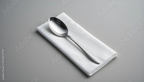 A single stainless steel spoon on a neatly folded white napkin against a neutral background. Soft lighting and subtle shadows enhance its clean, minimalist aesthetic, ideal for dining and kitchen them