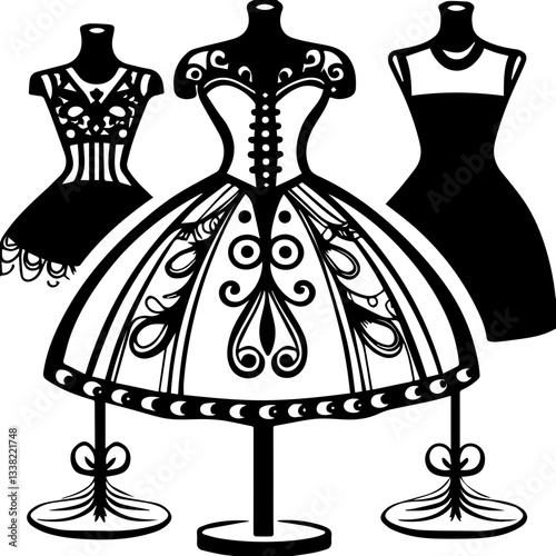 Elegant fashion event design, SVG with clean lines. Elegant Fashion Dress Designs on Mannequins Display