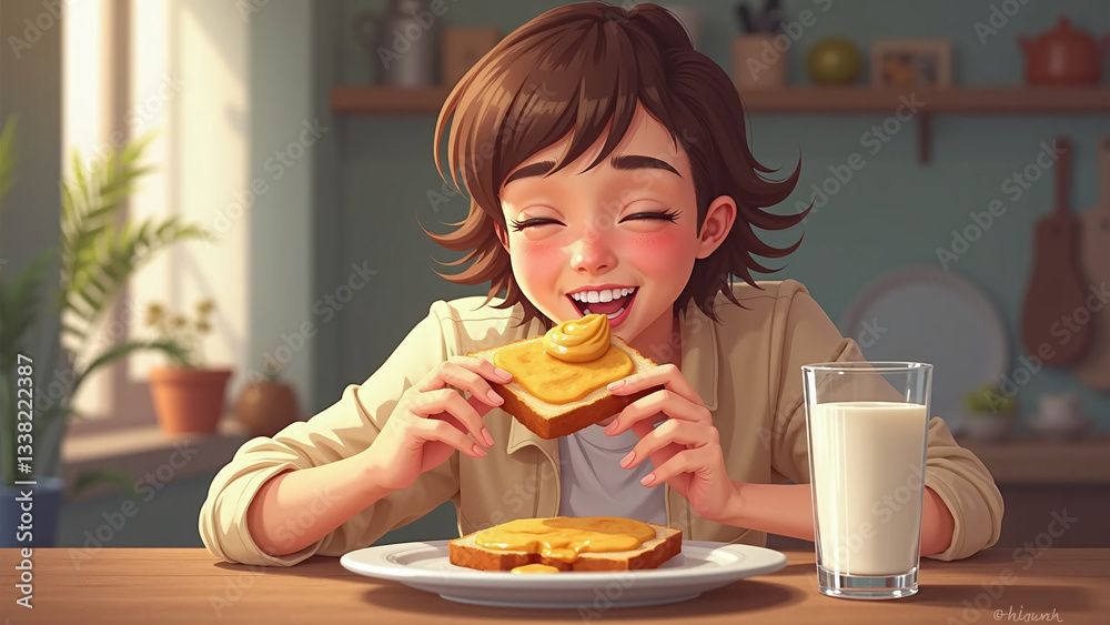 A happy young woman enjoying a delicious breakfast of toast with peanut butter and a glass of fresh milk in a cozy kitchen.