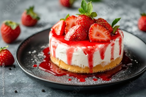 Mini strawberry cheesecake dripping with coulis on dark plate