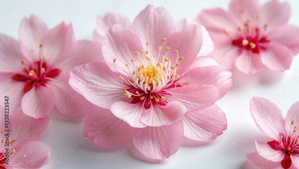 Sakura pink cherry blossom flower isolated against a white backdrop. Shallow depth. Soft pastel hues. Floral spring season. Sakura pink cherry blossom flower isolated against a white backdrop. Shallow depth. Soft pastel hues. Floral spring season.