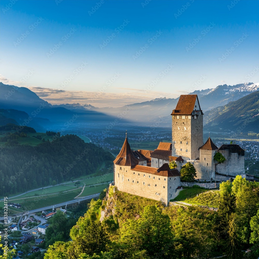 Fototapeta premium The majestic Vaduz Castle overlooking the Rhine Valley in Liechtenstein.