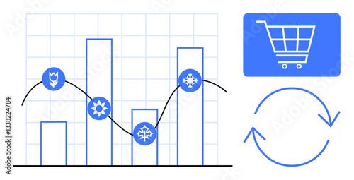 Bar graph with seasonal icons, shopping cart, and circular arrows representing data analysis, market trends, e-commerce, and recurring seasonal patterns. Ideal for business, retail, e-commerce