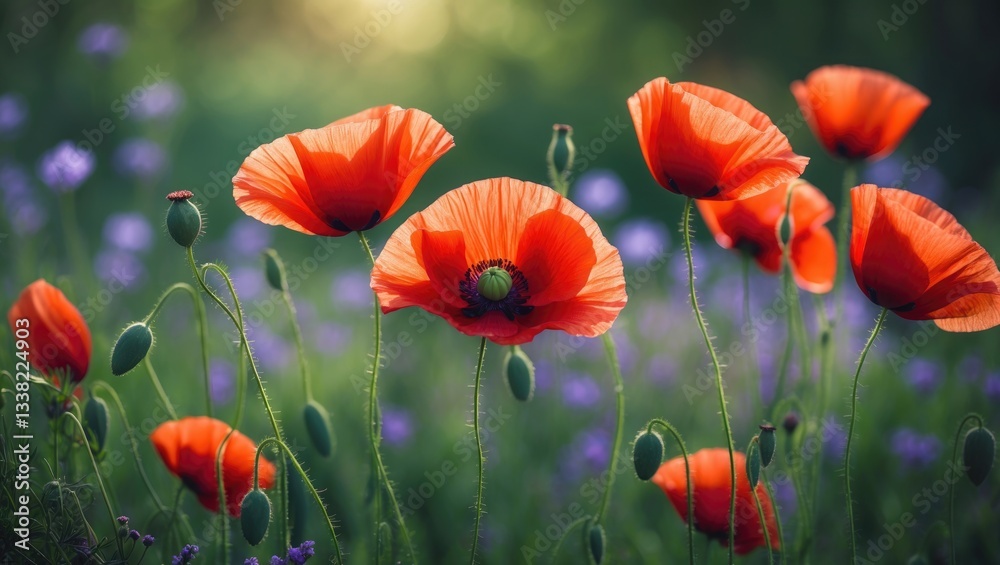 Fototapeta premium Delicate petals of red poppies in sunlight. Background featuring red poppy flowers. Beautiful red poppy and buds set against a light backdrop. Wildflower, beauty in nature. Close-up.