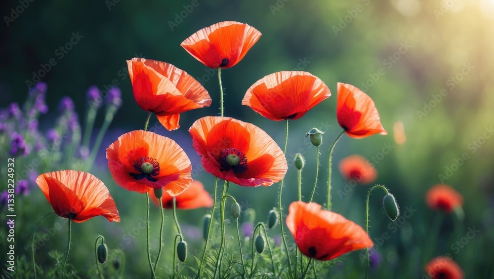 Fototapeta premium Delicate red poppies' petals illuminated by sunlight, with a backdrop of red poppy flowers. Stunning red poppy flower and buds featured against a light background. Wildflower, showcasing beauty in ...