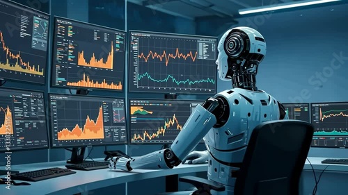 Robot analyzing stock market data on multiple screens in a modern office environment setting