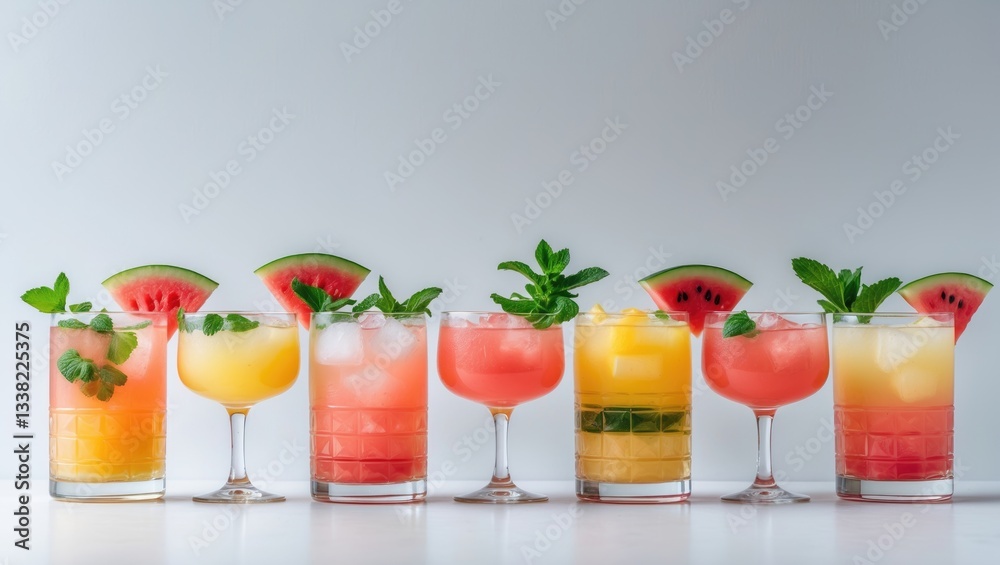 Collection of cocktails featuring melon and watermelon balls against a white background Collection of cocktails featuring melon and watermelon balls against a white background