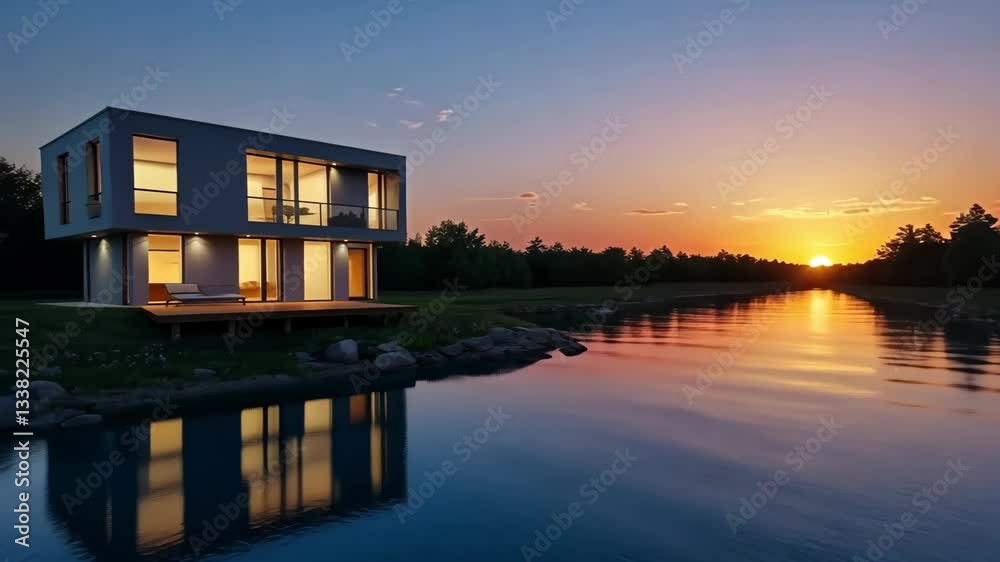 Modern house by the lake at sunset with reflection in the water and trees in the background Modern house by the lake at sunset with reflection in the water and trees in the background