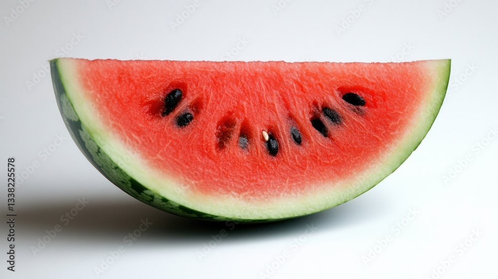Close-up of a watermelon wedge, displaying the red flesh and black seeds. Close-up of a watermelon wedge, displaying the red flesh and black seeds.
