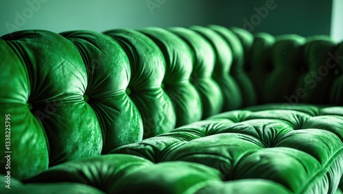Soft vintage sofa in emerald velor featuring a quilted seat and a back adorned with stitched cushions. A close-up of stylish furniture covered in plush fabric in green color.