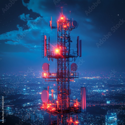 Telecommunication tower illuminated against a night city skyline