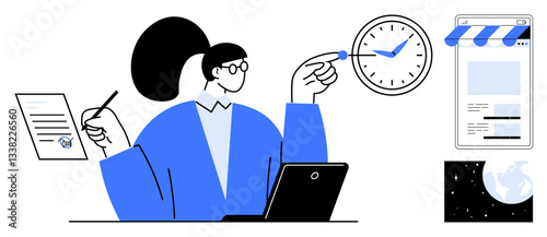 Female professional multitasking with clock, document, laptop, storefront webpage, and global map. Ideal for time management, productivity, business strategy, online operations workflow planning