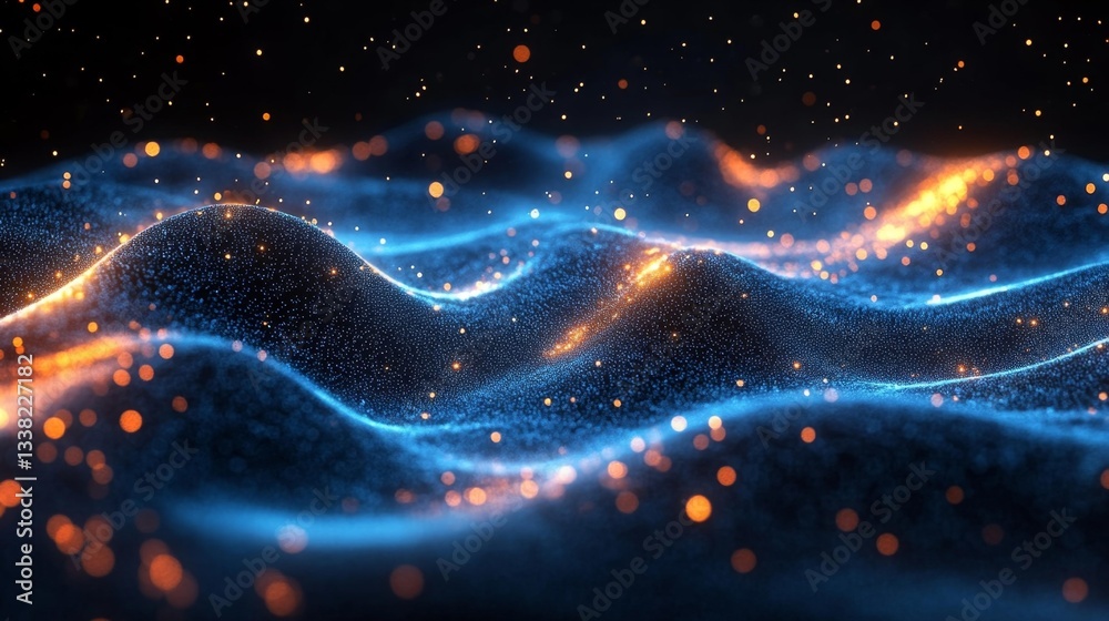 Fototapeta premium Glowing Quantum Wave with Sparkling Particles Floating in Space. Generative AI