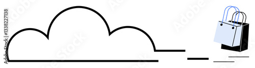 Black cloud outline connected to shopping bags symbolizes digital commerce, online shopping, cloud storage. Ideal for technology, e-commerce, retail industry, digital marketing, cloud computing
