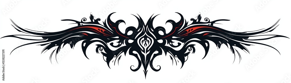 Ornate tribal design with intricate patterns, black and red elements. Ornate tribal design with intricate patterns, black and red elements.