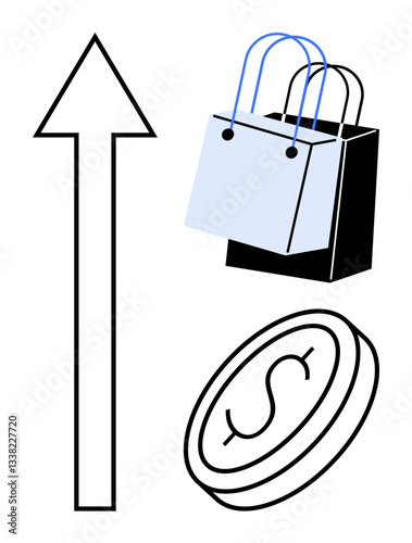 Black arrow pointing upward, two shopping bags, and a coin with a dollar symbol. Ideal for business growth, e-commerce, financial success, revenue increase, investment opportunities, market