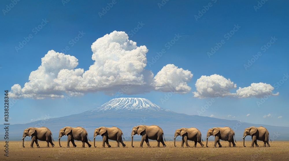 Obraz premium Elephants Walking Across the Plains with Mountain Backdrop