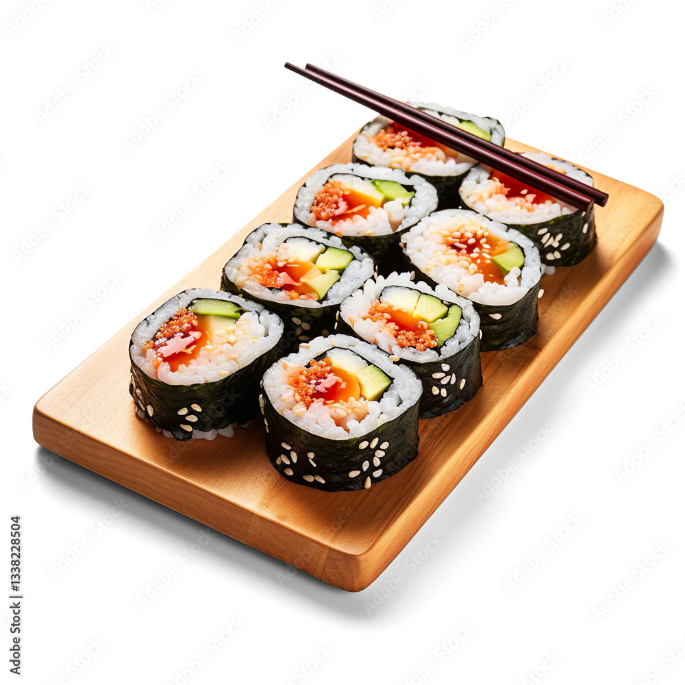 Sushi Rolls on Wooden Platter with Chopsticks Sushi Rolls on Wooden Platter with Chopsticks