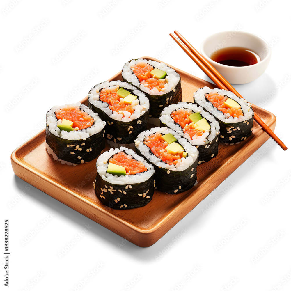Salmon and Avocado Sushi Rolls on Wooden Tray Salmon and Avocado Sushi Rolls on Wooden Tray
