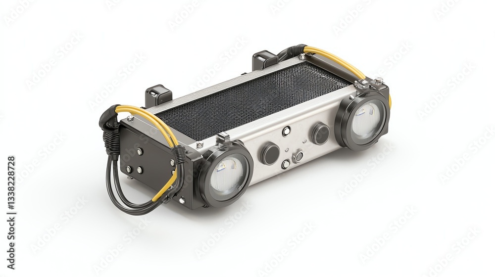 Compact portable device with knobs and connectors on a white isolated background. Compact portable device with knobs and connectors on a white isolated background.