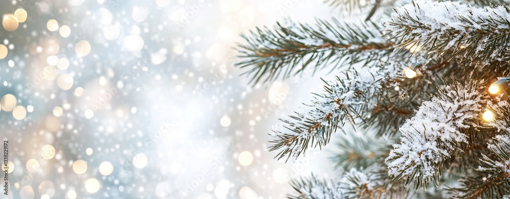 Foggy pine background, snow falling from the sky, lights shining on it Foggy pine background, snow falling from the sky, lights shining on it
