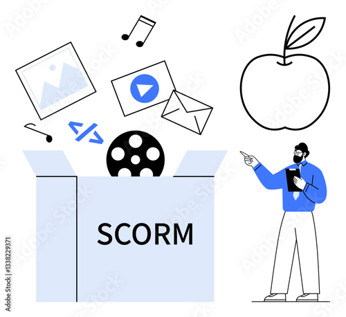 Open box labeled SCORM releasing media files, email, image, and code. Educator points at apple. Ideal for education, training, e-learning, content management digital tools interactive learning