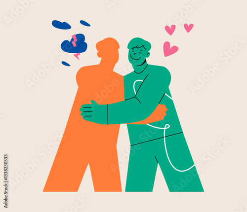 Man hugs his shadow. Embracing positive and negative emotions, balance. Colorful vector illustration