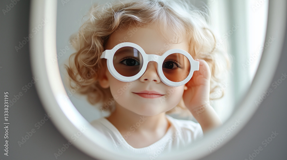 白色の大人用の大きなサングラスをかけて鏡をみてポーズを決めている金髪の五歳の子供、テキストスペース多め