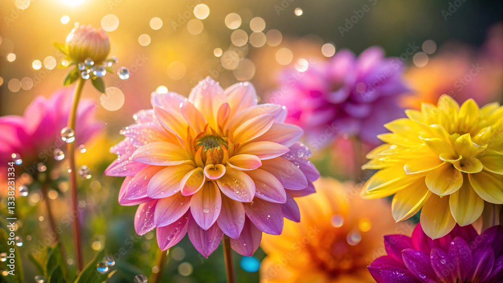 summer flower Colorful summer flowers in full bloom with dew drops glistening in sunlight, creating vibrant and cheerful atmosphere summer flower Colorful summer flowers in full bloom with dew drops glistening in sunlight, creating vibrant and cheerful atmosphere