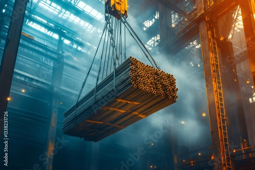 Industrial crane lifting metal pipes in steel mill photo
