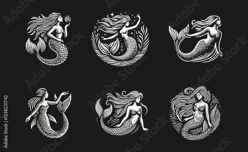 mermaid Engrave vector logo icon design illustration