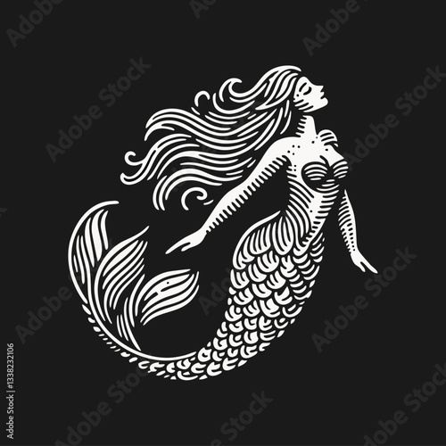 mermaid Engrave vector logo icon design illustration