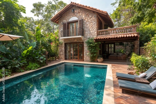 Luxurious stone villa with inviting swimming pool and lush garden