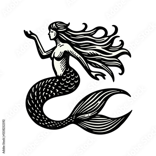 mermaid Engrave vector logo icon design illustration