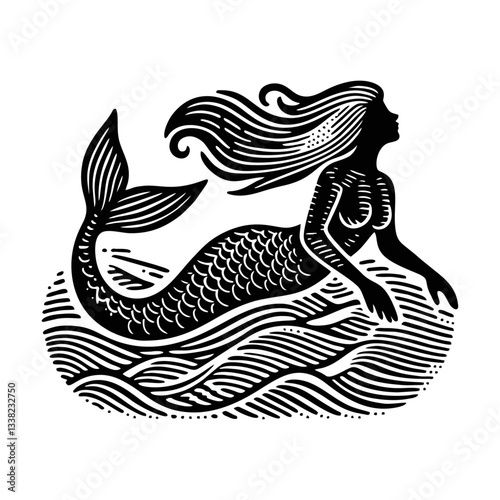 mermaid Engrave vector logo icon design illustration