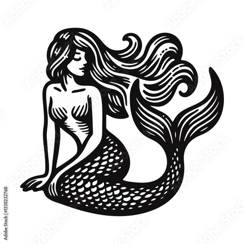 mermaid Engrave vector logo icon design illustration