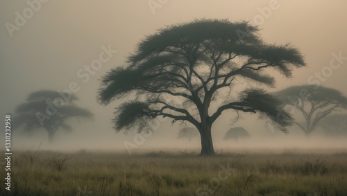 Wallpaper Mural Savanna enveloped in morning fog. A landscape at dawn, fog surrounding acacia trees. Torontodigital.ca