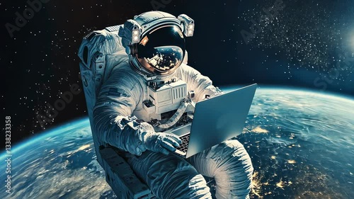 Astronaut floating in space, using a laptop with the earth in the background, digital illustration.