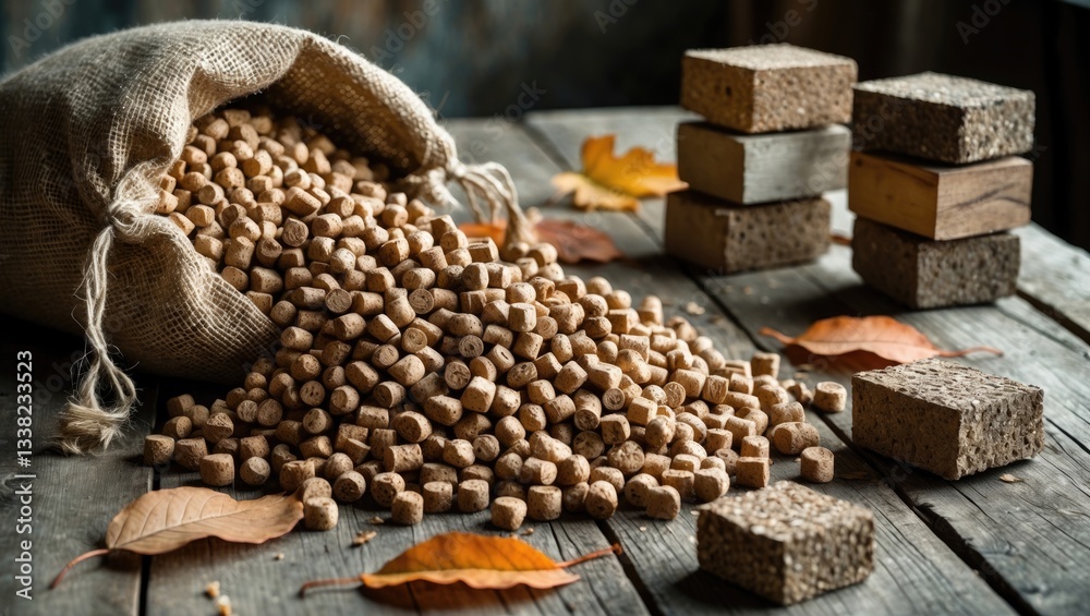 Wooden pellets and briquettes made from biomass alongside leaves.
