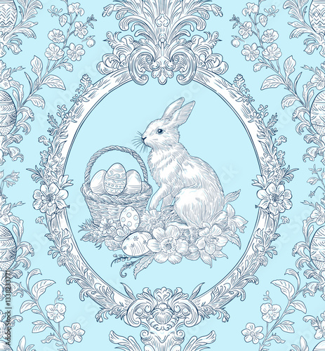Easter Bunny Basket and Eggs Spring Elegant Seamless Pattern for Fabrics, Wallpapers and Packaging