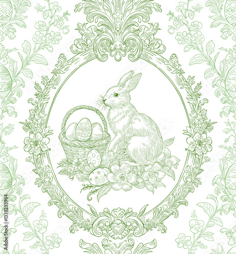 Easter Bunny Basket and Eggs Spring Elegant Seamless Pattern for Fabrics, Wallpapers and Packaging