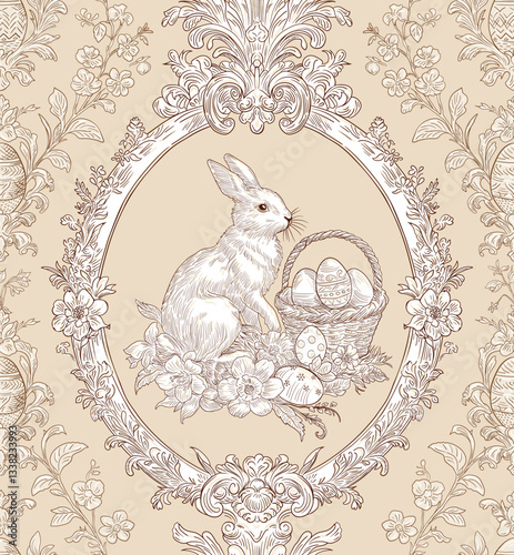 Easter Bunny Basket and Eggs Spring Elegant Seamless Pattern for Fabrics, Wallpapers and Packaging