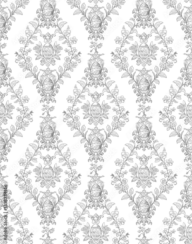Easter Eggs Spring Elegant Seamless Rococo Floral Pattern for Fabrics, Wallpapers and Packaging