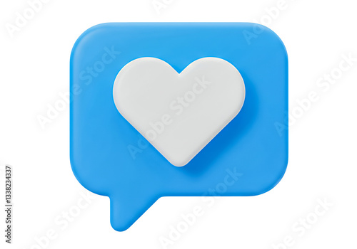 3D blue speech bubble with white heart symbol for social media, communication, and likes