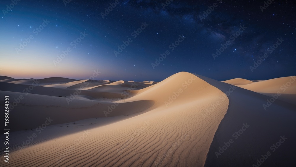 Naklejka premium Scenic vista of sandy desert beneath starry sky during night